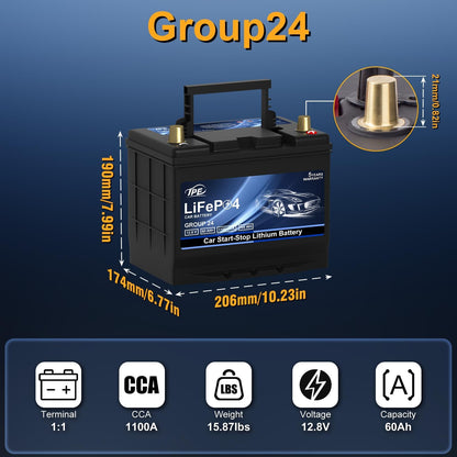 GROUP24 12V 60AH Car Battery High-Performance Lithium Start-Stop Battery with 1100 CCA and 60 Month Warranty