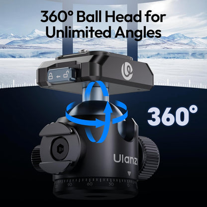 Ulanzi T100 Ball Head, Tripod Ball Head Mount 1/4 & 3/8 inch with Uka Quick Release Plate & Cold Shoe, 360° Rotating Panoramic Ball Head for DSLR Camera,Tripod,Monopod,Slider,Camcorder, 13lbs/6kg Load