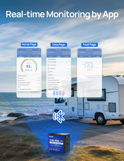 DC HOUSE 12V 165Ah LiFePO4 Lithium Battery, Bluetooth & Low Temp Protection, Safer Metal Case, 12V Lithium Battery up to 15000 Cycles, 120A BMS, Perfect for Trolling Motors, Marine, Boat, Solar