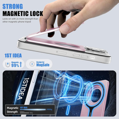 Magnetic Tripod for iPhone, Aluminium Phone Tripod Stand Compatible with Magsafe iPhone 16/15/14/13/12 Series, Foldable Strong Magnetic Phone Stand & Portable Phone Holder, Pink