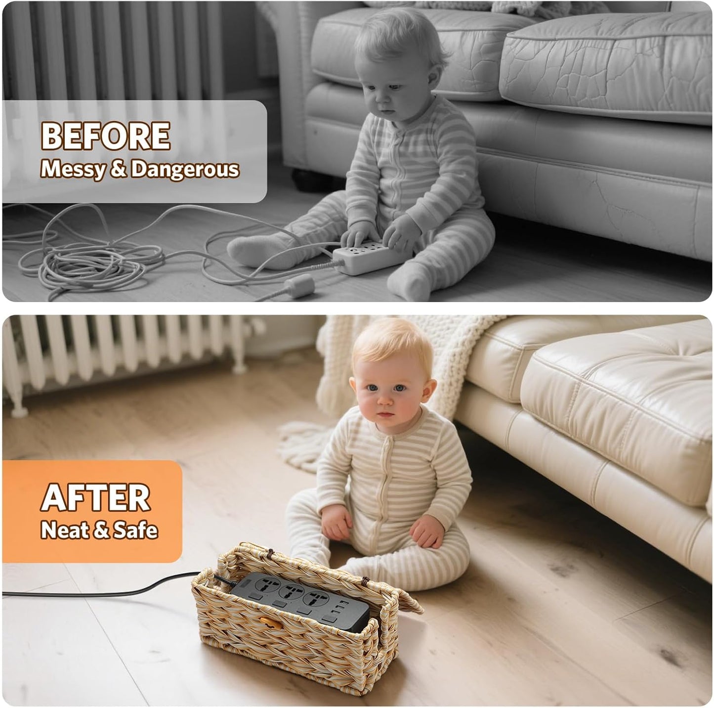 Delamu Handmade Synthetic Rattan Cable Management Box, Flat Weave Desk Organizer with Wire Management, Multi Purpose Cord Hider Box, 12.5" Lx 5.3" Wx 5.3" H, Natural & White