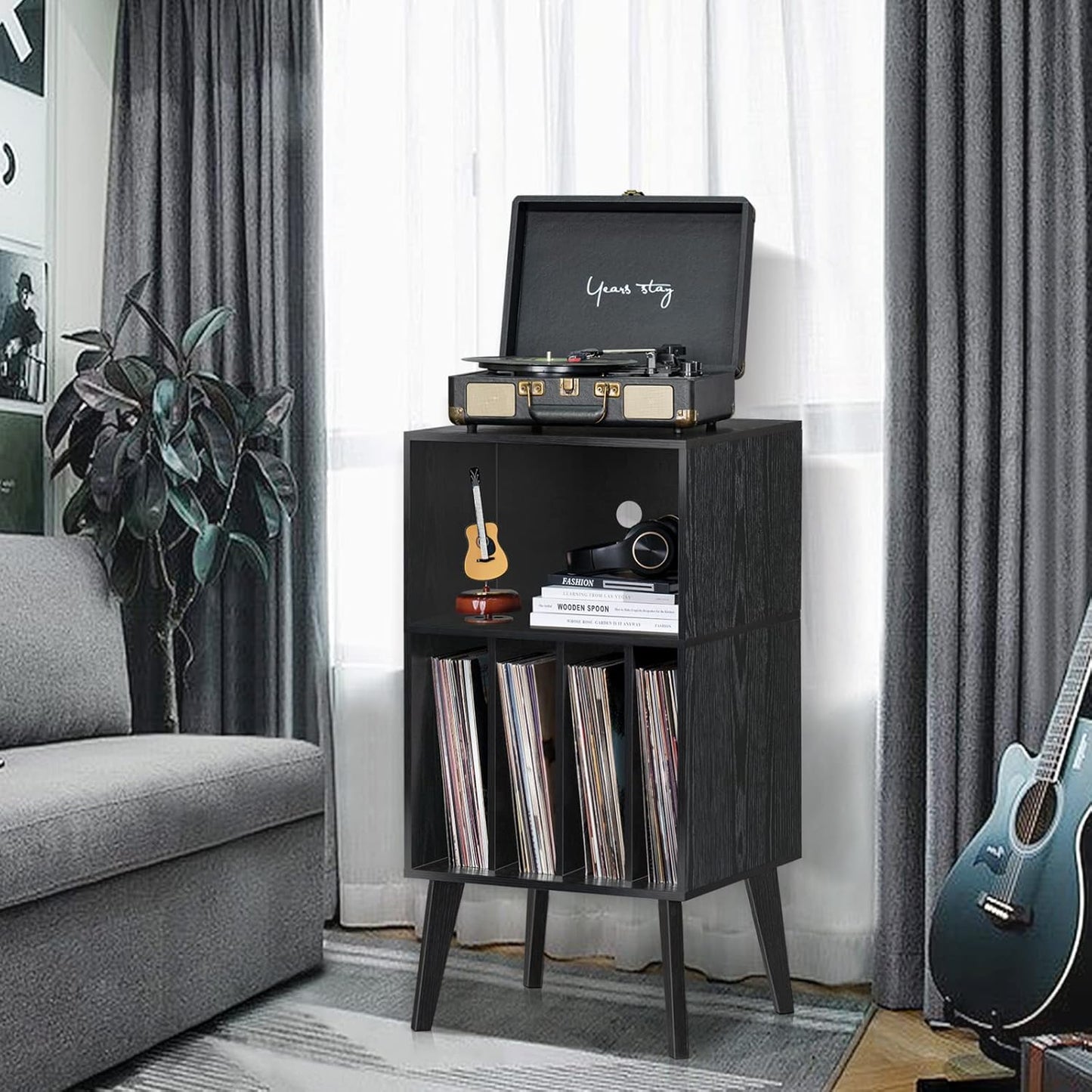 Lerliuo Record Player Stand, Black Turntable Stand Holds up to 160 Albums, Mid-Century Vinyl Storage Cabinet Table with Solid Wood Legs, Record Player Holder Dispaly Shelf for Bedroom Living Room