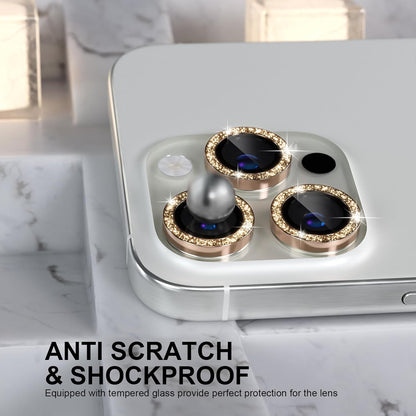 Choiche Compatible for iPhone 16 Pro/iPhone 16 Pro Max Camera Lens Protector Bling, 9H Tempered Glass Camera Cover Screen Protector Metal Ring Decoration Accessories (Glitter-Gold)