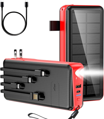 Portable Charger with Built in Cable and Wall Plug 50000mAh 22.5W Fast Charging Solar Power Bank with 5 Output & 2 Input Dual LED Flashlights Phone Holder External Battery Pack (Red)