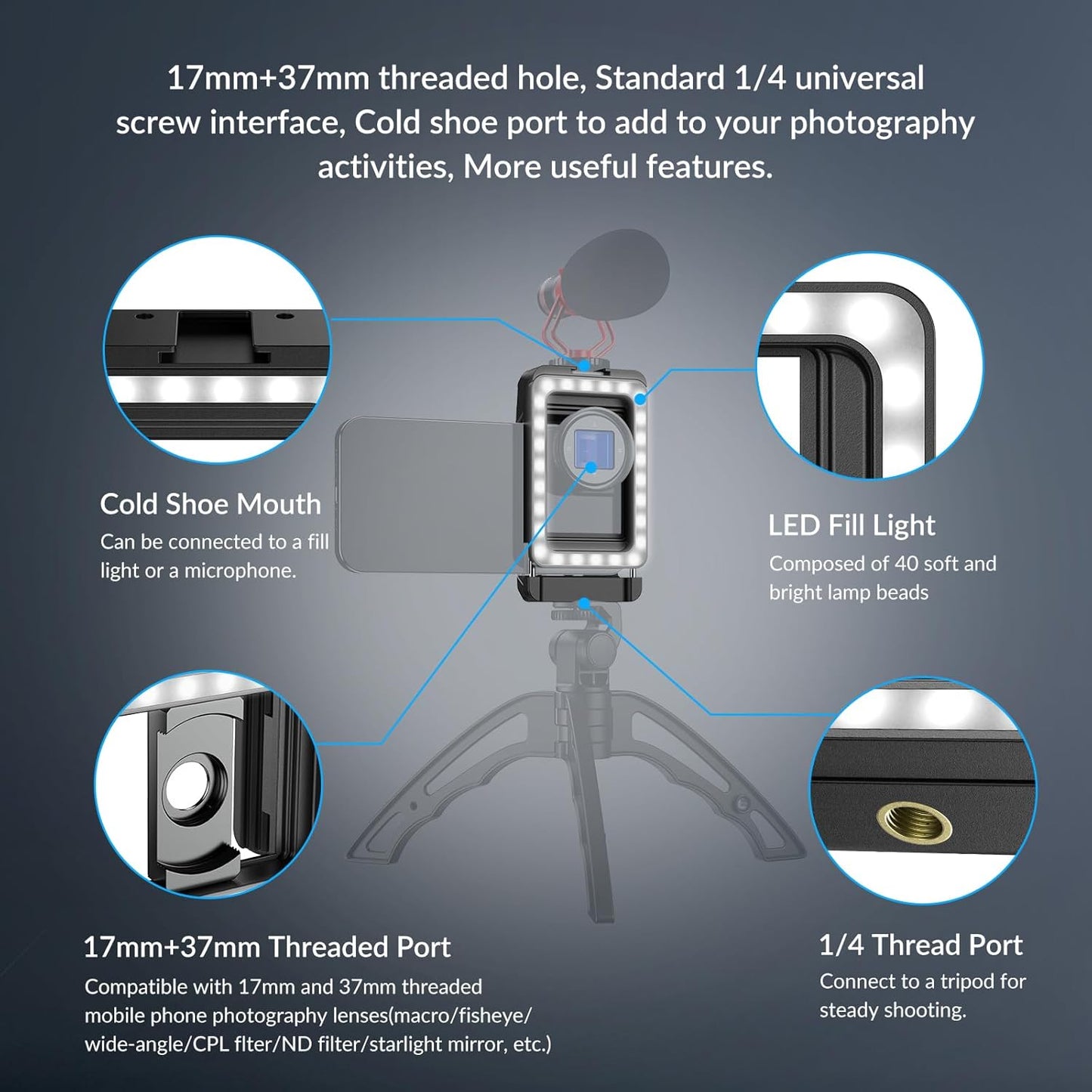 APEXEL 17mm+37mm Thread Adapter with LED Fill Light, One-Piece Phone Adapter for Android/iPhone, Attachments for Macro/Wide Angle/Fisheye/Flow/Radial/Star Filter/Kaleidoscope Lens