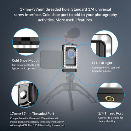 APEXEL 17mm+37mm Thread Adapter with LED Fill Light, One-Piece Phone Adapter for Android/iPhone, Attachments for Macro/Wide Angle/Fisheye/Flow/Radial/Star Filter/Kaleidoscope Lens