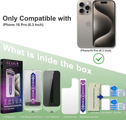 2 Pack Privacy Screen Protector for iPhone 16 Pro 6.3-Inch Auto Dust Removal, No Bubbles,Anti-Spy Tempered Glass Film, Easy Installation