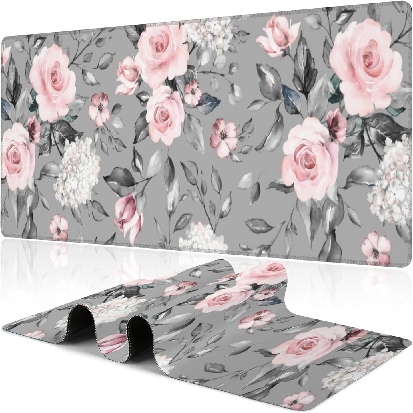 Pink Roses Desk Mat,Large Spring Blooming Flowers and Leaves Gaming Keyboard Mouse Pad,Non-Slip Rubber Base Desk Pad Thick Stitched Edges Waterproof Mousepad Mouse Mat 31.5"x11.8"