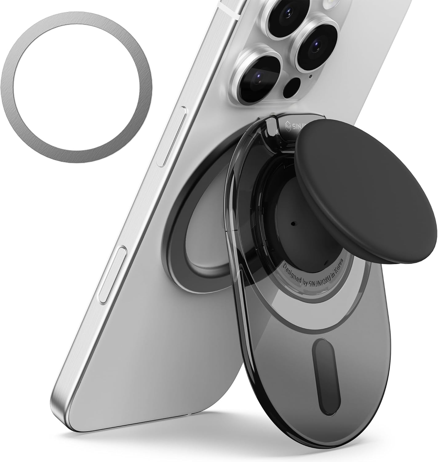 Sinjimoru Phone Grip Stand, Compatible with MagSafe, Adaptor Ring Included, 3000G Kickstand for iPhone 16/15/14/13/12. M-Tap Tok Stand Clear Black