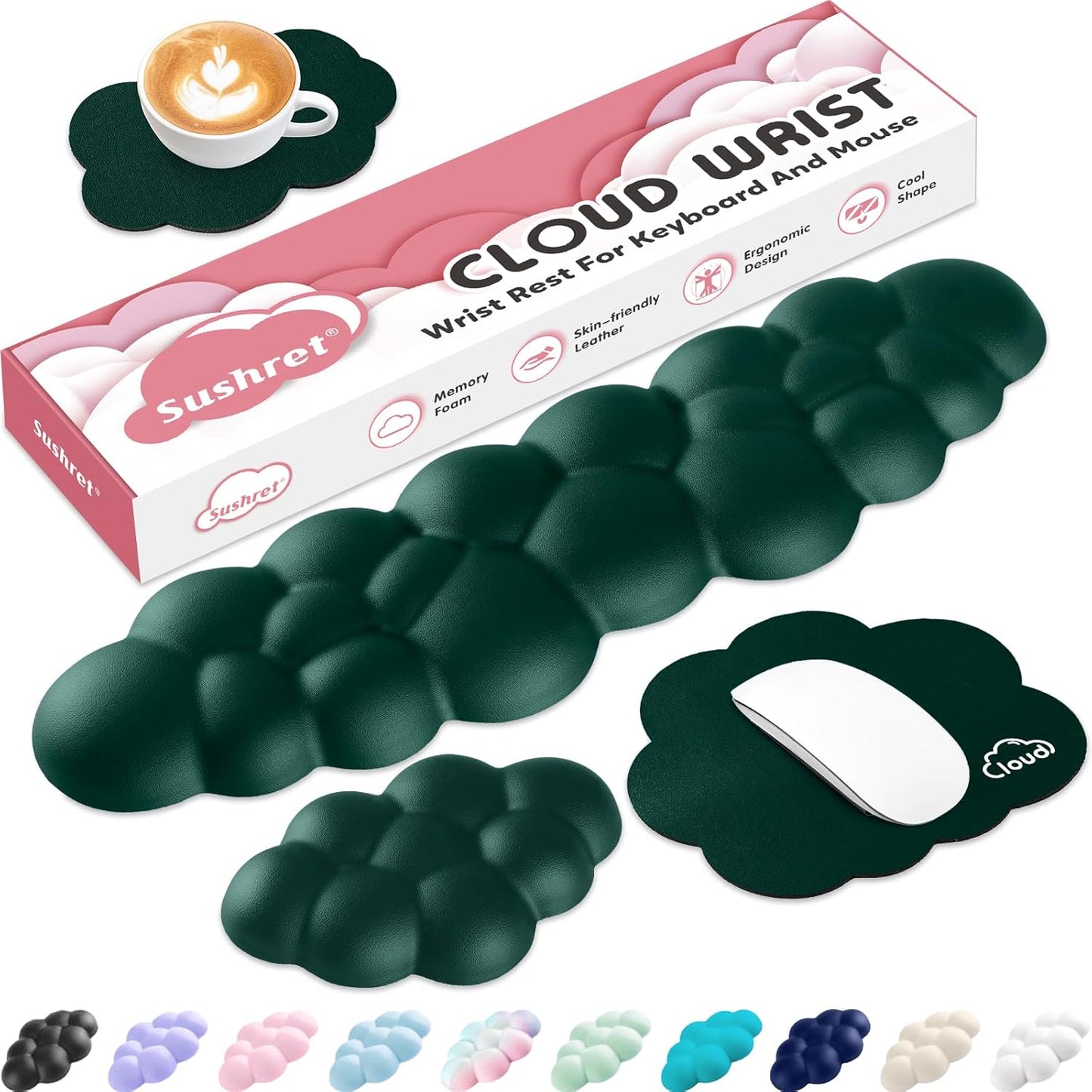 Cloud Wrist Rest for Computer Keyboard, 4-in-1 Memory Foam Leather Cloud Keyboard Wrist Rest and Mouse Pad Set with Ergonomic Support for Arm and Palm Cushion, Gaming/Work Setup, Dark Green