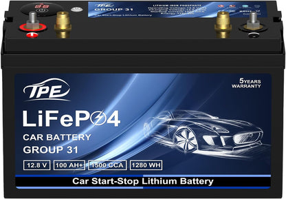 TPE BCI Group31 Car Start Stop System LiFePO4 Lithium-ion Battery 12.8V 100AH 1500A 1280WH Lightweight High Performance Battery Level Display Dual Port
