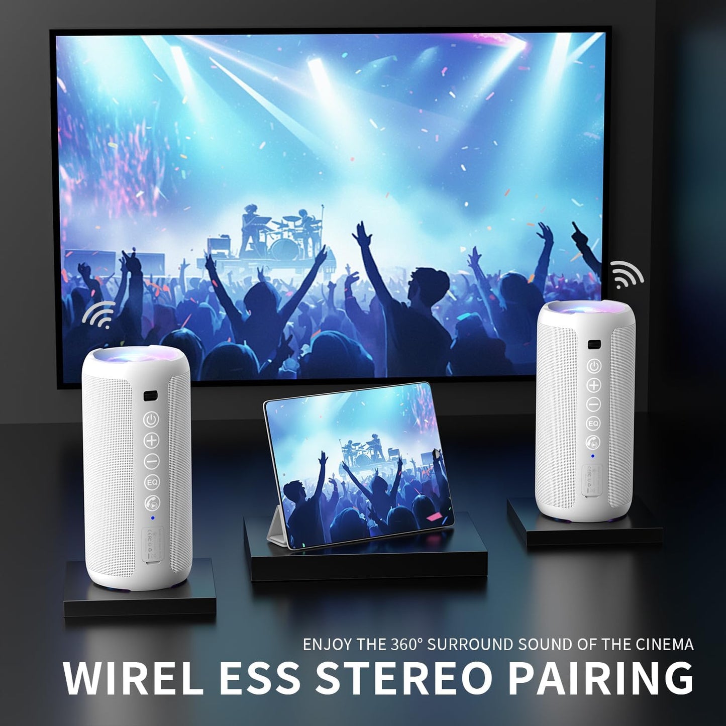 Ortizan Portable Bluetooth Speaker: IPX7 Waterproof, 24W Loud Sound, Deep Bass, Bluetooth 5.3, LED Lights, Wireless Stereo Pairing, 30H Playtime, for Home/Outdoor/Party/Beach, Birthday Gift (White)