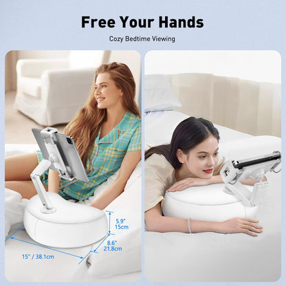 AboveTEK Tablet Pillow Stand for Bed, Hands-Free 360° Adjustable iPad Pillow Holder for Lap Reading w/Soft Bean Bag, Ideal Gift for Mom, Fits 4.7" to 12.9" Tablet, Phone, Kindle, White