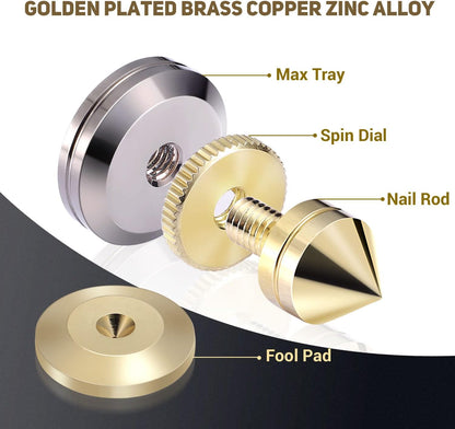 Facmogu 4PCS Golden Speaker Isolation Spikes with Plated Speaker Spikes Pads Mat, Speaker Spikes & Speaker Spike Pad Kit with Double-Sided Adhesive for Subwoofer CD DVD Player Audio Amplifier Recorder