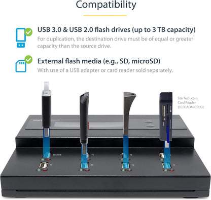 StarTech.com Standalone 1 to 7 USB Flash Drive Duplicator/Cloner / Eraser, Multiple USB Thumb Drive Copier / Sanitizer, System File / Sector-by-Sector Copy, 1.5 GB/min, 3-Pass Erase, LCD, TAA