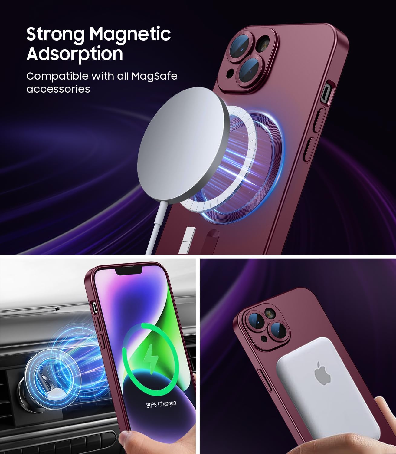 Magnetic for iPhone 15 Case [Compatible with MagSafe][Built-in Camera Lens Protector] Slim Soft Silicone Bumper Shockproof Metallic Shine Phone Case (Burgundy)