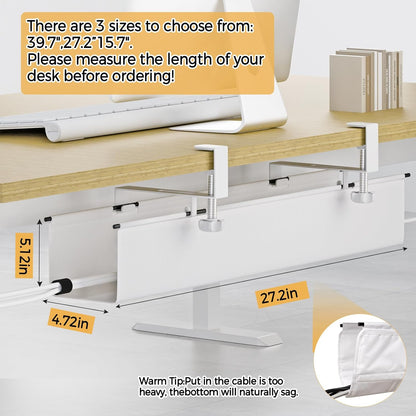 Under Desk Cable Management Tray 27.2" - No Drill Computer Wire Organizer Cable Tray, Cord Hider Clamp Mount with 16X Cable Ties PC Cables Management Cord Holder for Office/Home (Upgrade Fabric,White)