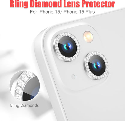 AGVEE 3+3 6 Pack for iPhone 15/15 Plus Camera Lens Protector, Bling Diamond & Bling Glitter Metal Ring 9H Tempered HD Glass Camera Protector Cover Film, Bling-Silver