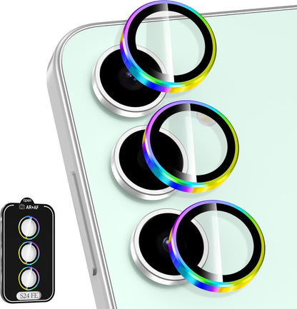 for Samsung Galaxy S24 FE Camera Lens Protector, Individual Metal Ring Tempered Glass Lens Cover, [Strong Adsorption] Scratch Resistant Ultra-Thin HD Clear Lens Cover, 1 Set-Colorful Ring