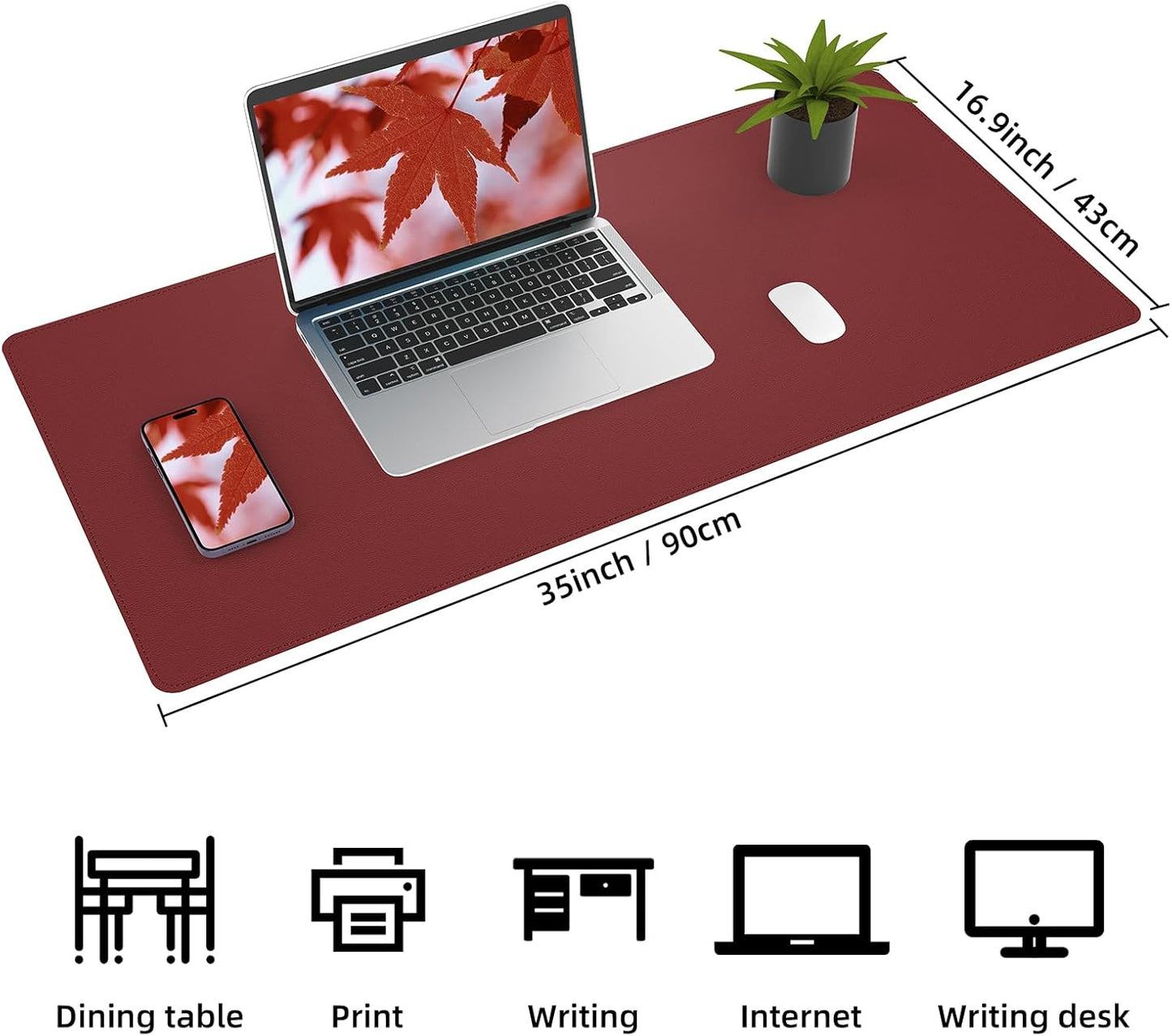 Desk Mat 35" x 17" Leather Desk Pad Protector with Natural Cork & PU Leather, Non-Slip Office Desk Mat, Double-Sided Large Mouse Pad, Waterproof Desk Cover for Office&Home (red)