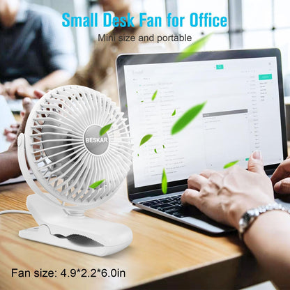 BESKAR Clip on Fan, 360° Rotation Quiet Stroller Fans with Strong Airflow,3 Speeds, Portable Small Fans with Sturdy Clamp,Perfect Personal Cooling Fan for Office Table Bedroom Kitchen