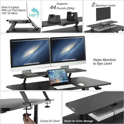 AVLT Clamp Desk Shelf Dual 32" Monitor Riser With Slide-out Holder for Convertible Laptop, Tablet, Smartphone (Black) - Floating Stand (Clamp-On Shelf Only)