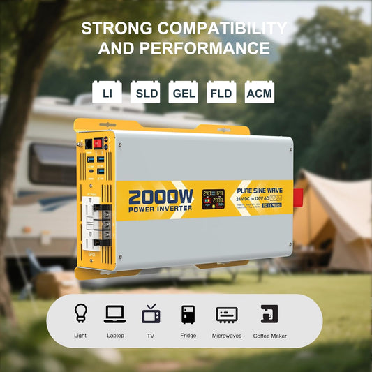 XWJNE 2000W Pure Sine Wave Power Inverter 24V DC to 120V GFCI AC Converter with LCD Display and Remote for Home, RV, Truck, Off-Grid Solar Power