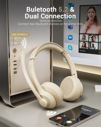 Wireless Headset with AI Noise Cancelling Microphone Bluetooth Headset - Bluetooth V5.2 Headphones with USB Dongle, Charging Base & Mic Mute for Computer/Laptop/PC/iPhone/Android/Cell Phones-Apricot