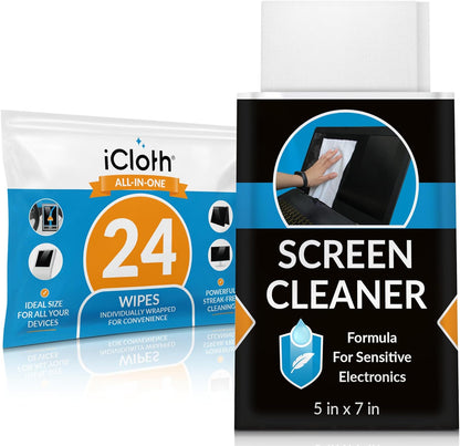 Screen Cleaner Wipes by iCloth – Individually Wrapped – Travel Size – Streak-Free (24 Large Wipes)