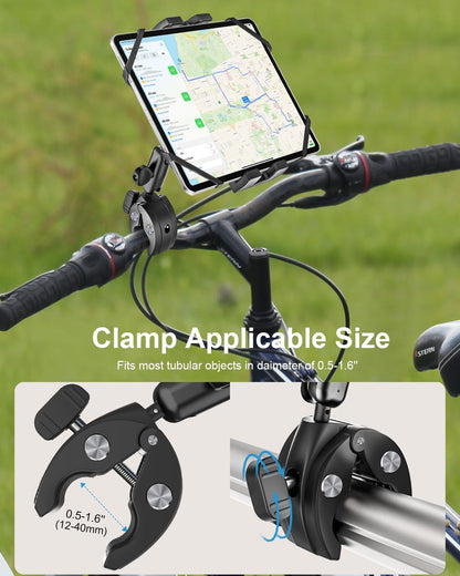 Metal iPad Tablet Mount for Boat Helm, Wheelchair Pole, Golf Cart, Stroller, Mic Stand, Fitness Bike, Road Mountain Bicycle - 360° Adjustable Handlebar Clamp for 4.7-13" iPad Pro, Air, Mini, Galaxy