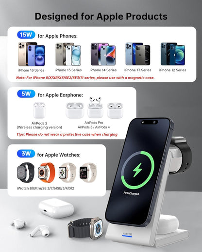 3 in 1 Wireless Charging Station, Magnetic Foldable Wireless Charger, Fast Travel Charger Stand for iPhone 16/15/14/13/12/Apple Watch/Airpods(20W PD Adapter Included)