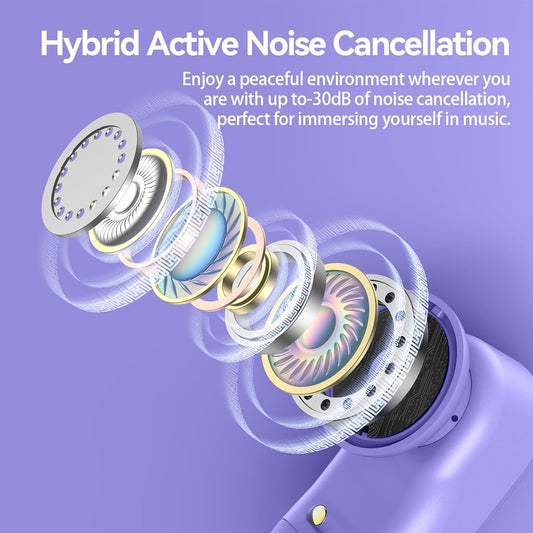 GOLREX Active Noise Cancelling Ear Buds Wireless Earbuds Bluetooth Headphones with 80H Playtime LED Display Wireless Charging Case, Over-Ear Hooks Earbud for Sports Running Gym Workout Purple