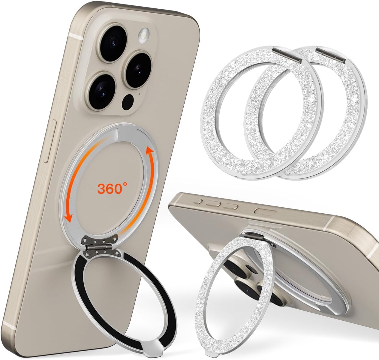 COOLQO 2Pcs 360 Spin Cell Grip Ring Phone Stand [Upgrade Gear Hinge Stress Relief] Magnetic Holders for Your car Accessories Desk Mount Compatible with iPhone All Smartphone, Glitter Silver
