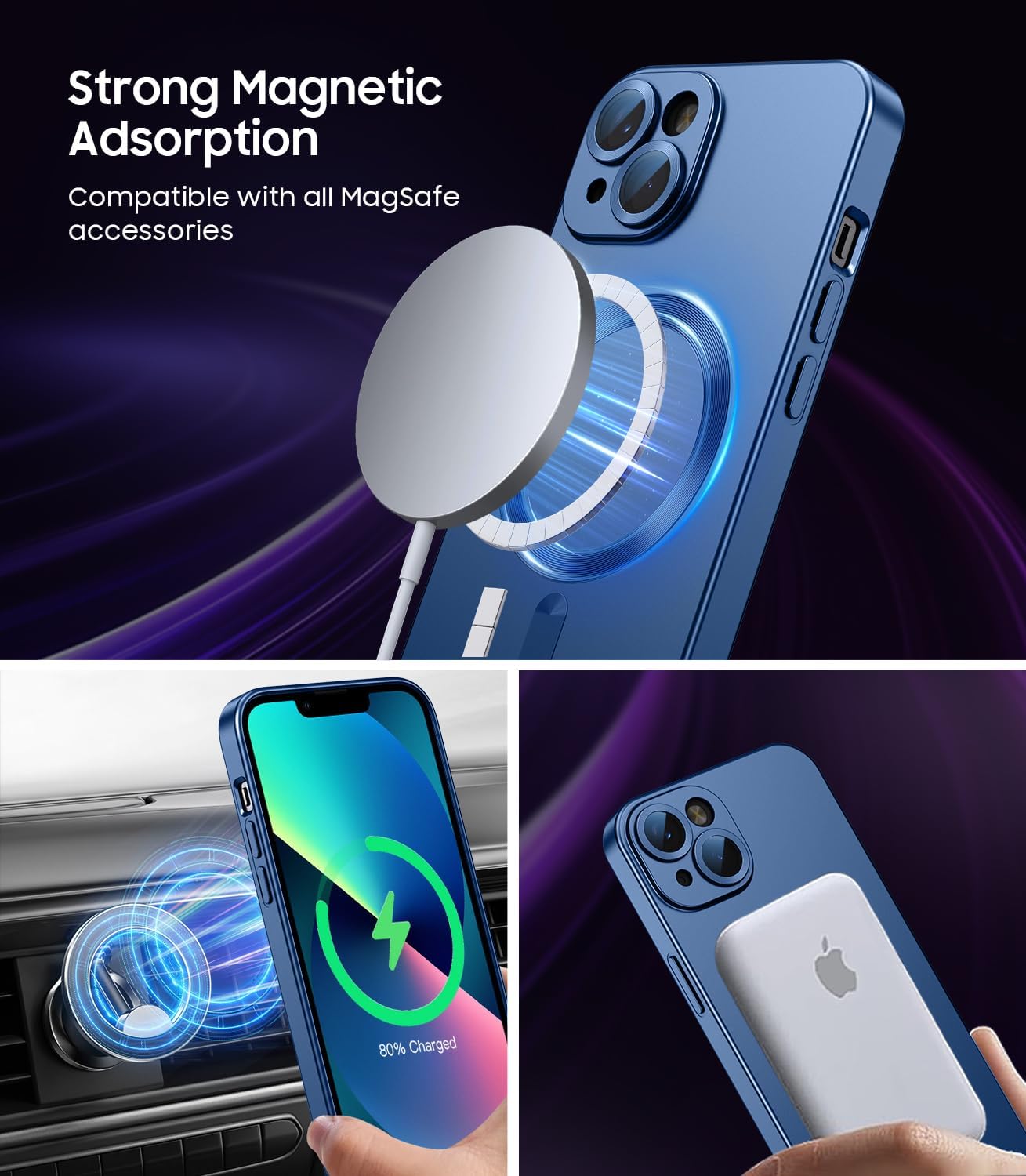 Magnetic for iPhone 13 Case [Compatible with MagSafe][Built-in Camera Lens Protector] Slim Soft Silicone Bumper Shockproof Metallic Luster Phone Case (Blue)