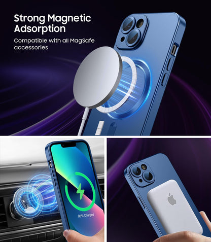 Magnetic for iPhone 13 Case [Compatible with MagSafe][Built-in Camera Lens Protector] Slim Soft Silicone Bumper Shockproof Metallic Luster Phone Case (Blue)