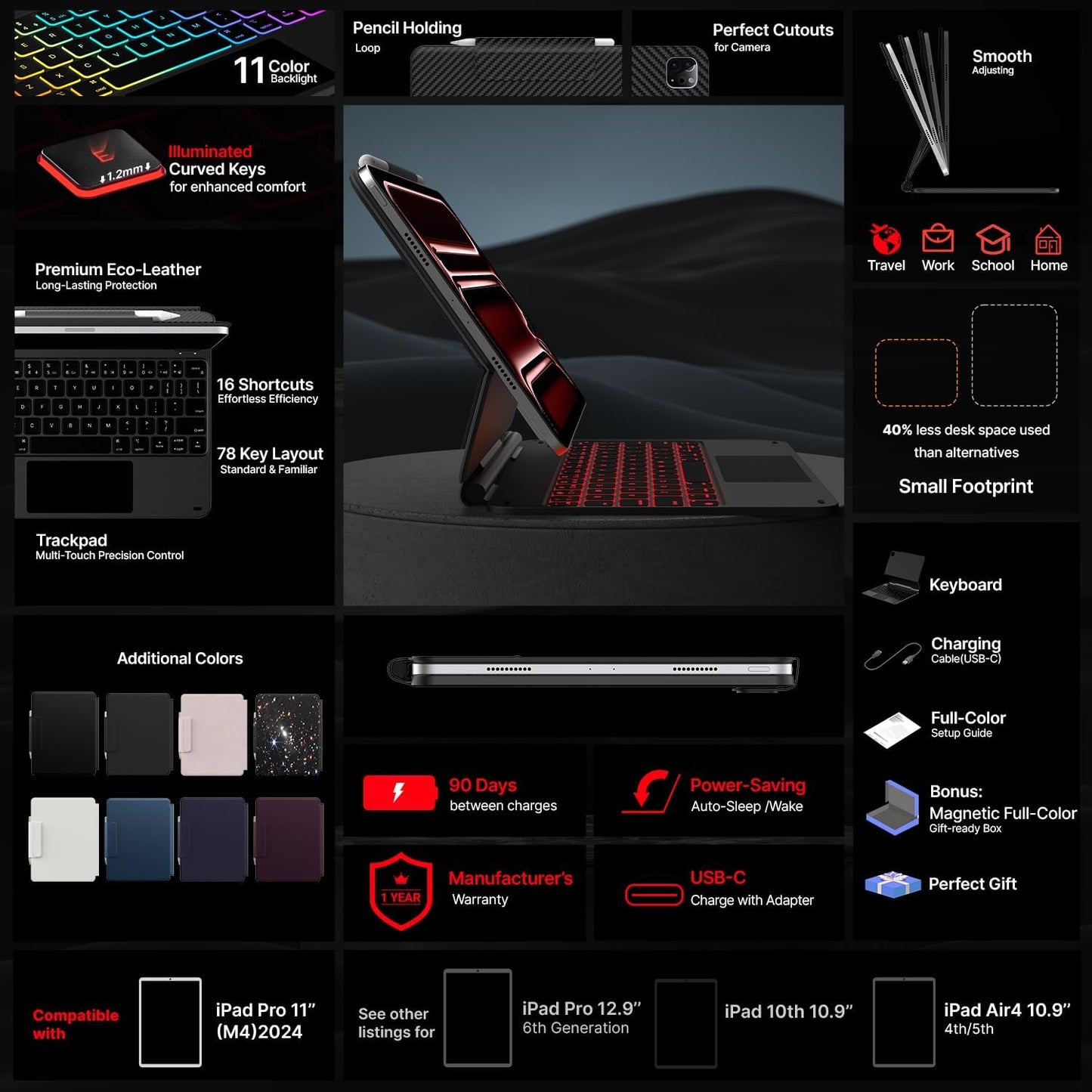 typecase Edge Keyboard Case for iPad Pro 11-inch(M4)2024,Magic Keyboard with 11 Colors Backlight for iPad Pro 11,Keyboard Case with Pencil Holder,Built-in Trackpad,Easy-Set Magnetic Stand,Carbon Fiber