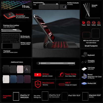 typecase Edge Keyboard Case for iPad Pro 11-inch(M4)2024,Magic Keyboard with 11 Colors Backlight for iPad Pro 11,Keyboard Case with Pencil Holder,Built-in Trackpad,Easy-Set Magnetic Stand,Carbon Fiber