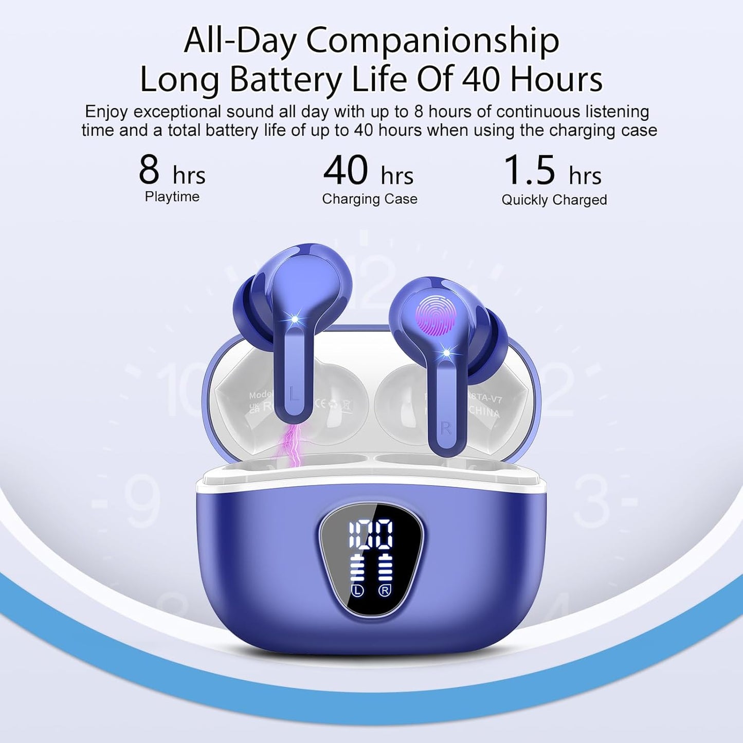 Wireless Earbuds, Bluetooth 5.4 Headphones HiFi Stereo, Bluetooth Earbuds with ENC Noise Cancelling Mic, IP7 Waterproof in Ear Earphones, 48H, LED Display Ear buds for Pad Workout Sports, Blue