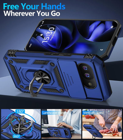 Taisairu for Google Pixel 9A Case with Screen Protector & Slide Camera Lens Cover,Built-in 360°Rotate Magnetic Ring Stand Shockproof Protective Phone Case for Google Pixel 9A Case (Blue)