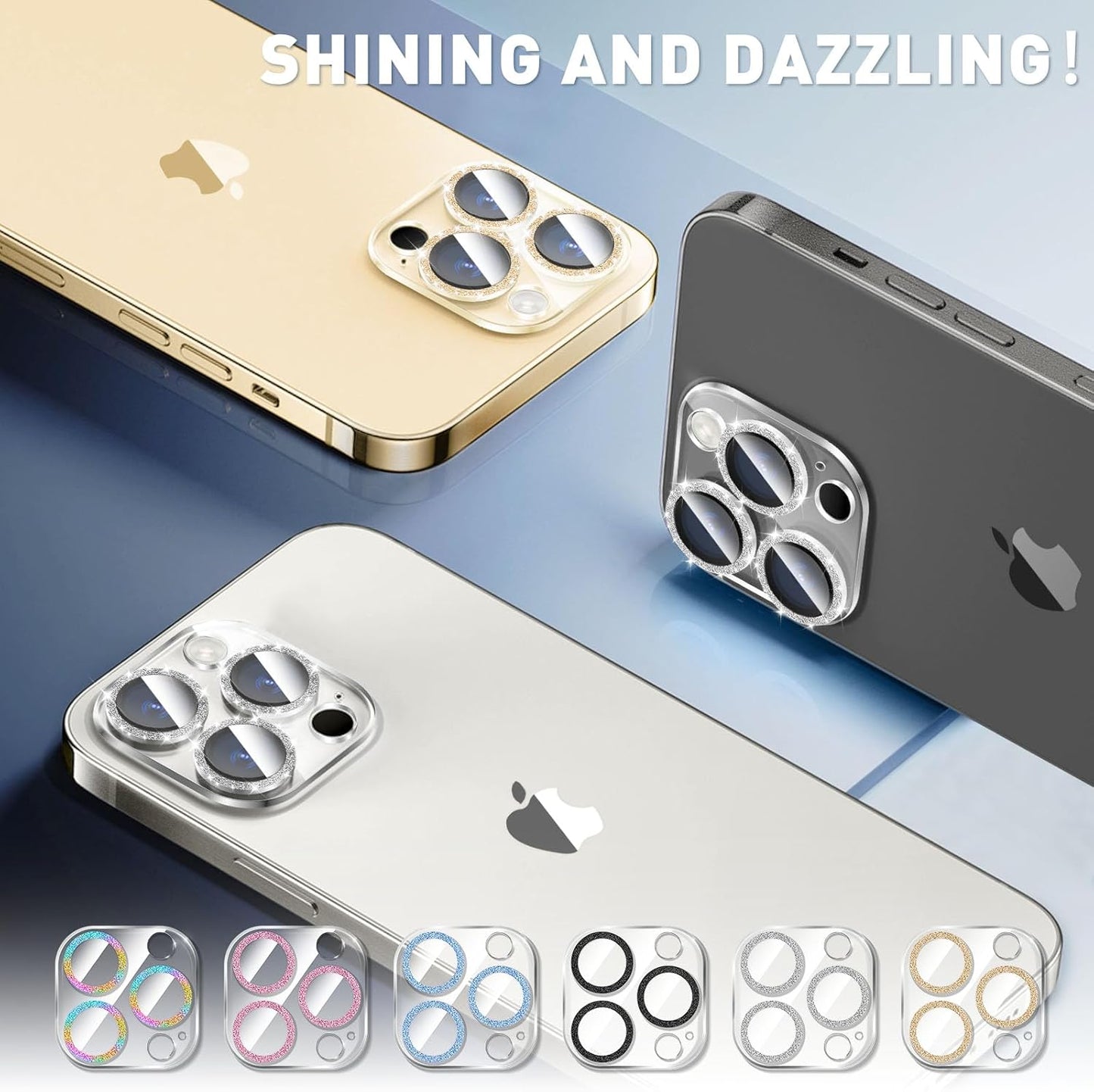 LucBuy 3PCS Sparkling Camera Lens Protector for iPhone 16 Pro/iPhone 16 Pro Max, Full Clear Acrylic Cover with Shiny Colorful Glitter Decoration Back Camera Protector