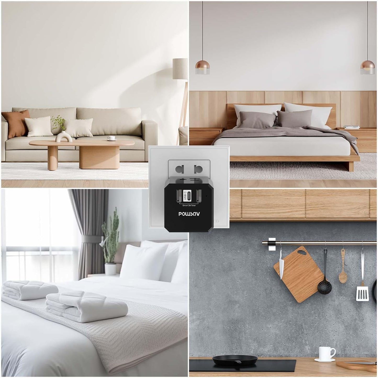 Cruise Ship Essentials, 3-Side Outlet Splitter with 3 USB Ports(1 USB C) USB Wall Charger, Outlet Extender for Home, Office and Cruise, ETL Listed, Black