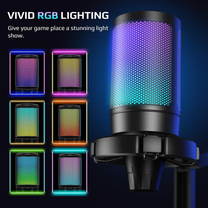 Fifine USB Microphone for PC Gaming, Computer Desktop Streaming Microphone with Mute Button, Gain Knob for Video Podcast, RGB Mic for PS4/PS5, Laptop A6NEO