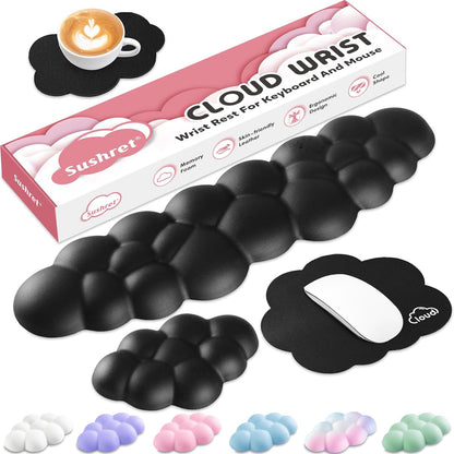Cloud Wrist Rest for Computer Keyboard, 4-in-1 Memory Foam Leather Cloud Keyboard Wrist Rest and Mouse Pad Set with Ergonomic Support for Arm and Palm Cushion, Gaming/Work Setup, Black