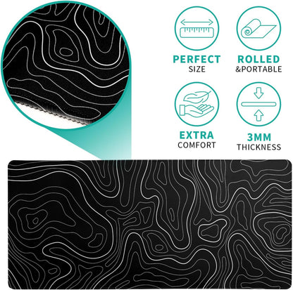 Topographic Contour Black Gaming Mouse Pad XL Geographic Map Lines Extended Big Large Desk Mat Non-Slip Rubber Base Stitched Edge Long Keyboard Mousepad for PC Computer Laptop,31.5x11.8 Inch