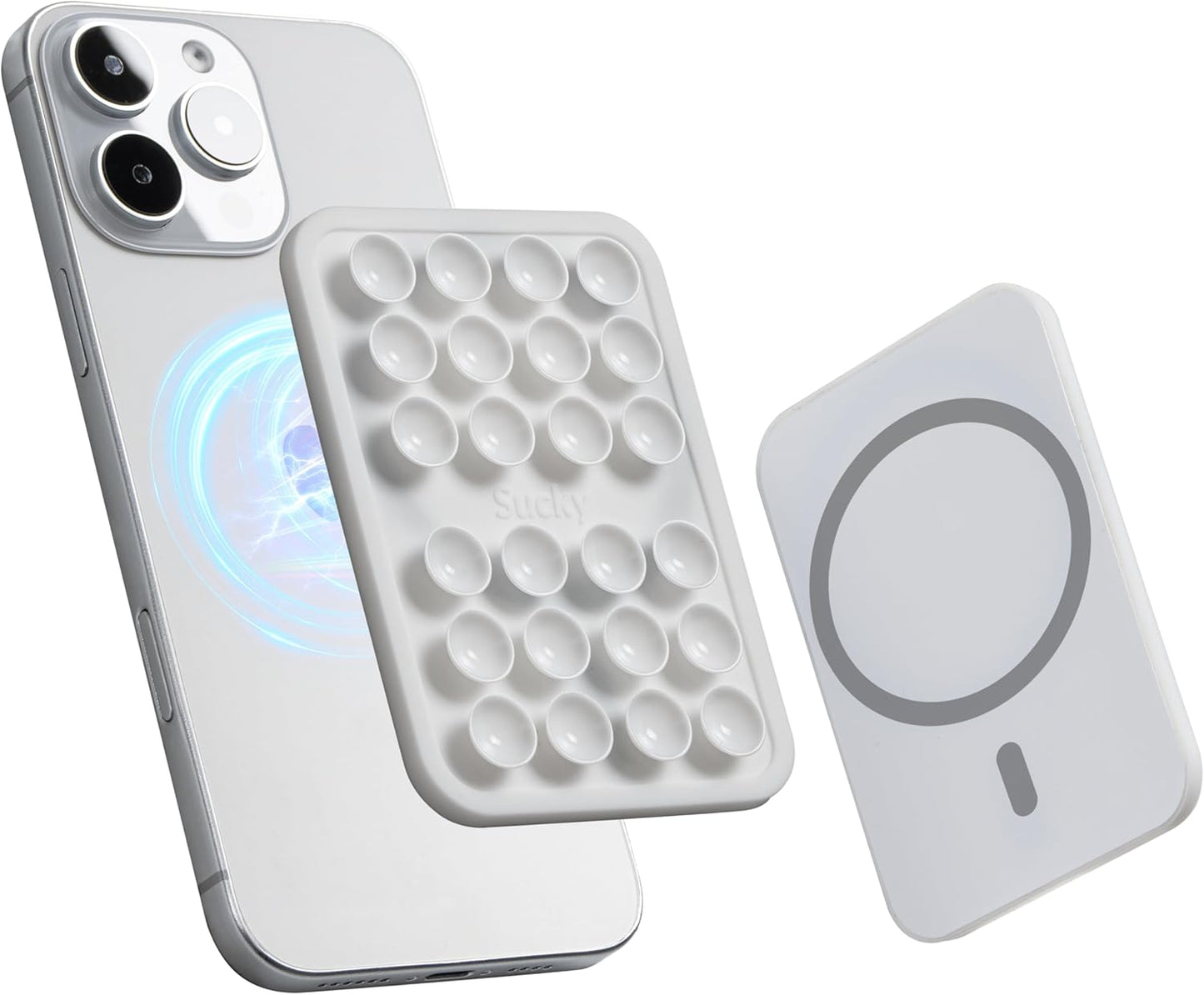 SUCKY Silicone Suction Phone Case Adhesive Mount - Anti-Slip Holder, Hands-Free Fidget Toy, Phone Accessory for iPhone and Android (Crystal White, Magnetic)