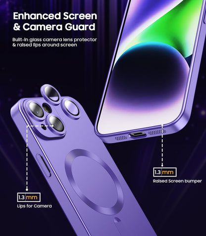 Magnetic for iPhone 14 Case [Compatible with MagSafe][Built-in Camera Lens Protector] Slim Soft Silicone Bumper Shockproof Metallic Luster Phone Case (Purple)