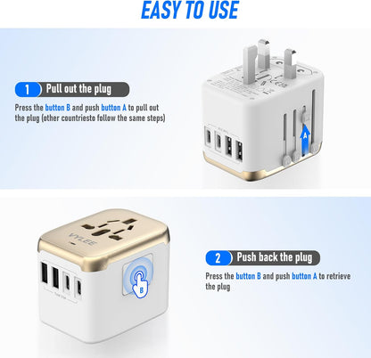 Universal International Power Travel Plug Adapter, 5 in 1 European Travel Plug Adapter W/ 3.5A 2xUSB-A and 2xUSB C Wall Charger and Worldwide AC Outlet for Europe USA UK AUS Asia (White Gold)