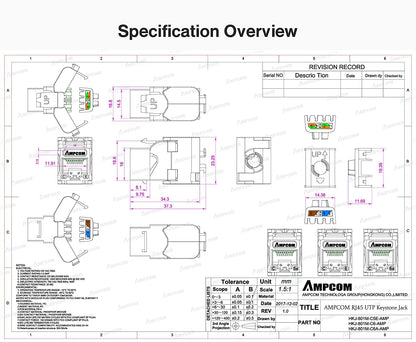 AMPCOM CAT6 Keystone Jack Tool-Less RJ45 UTP, No Punch-Down Tool Required Module Coupler 12-Pack Black