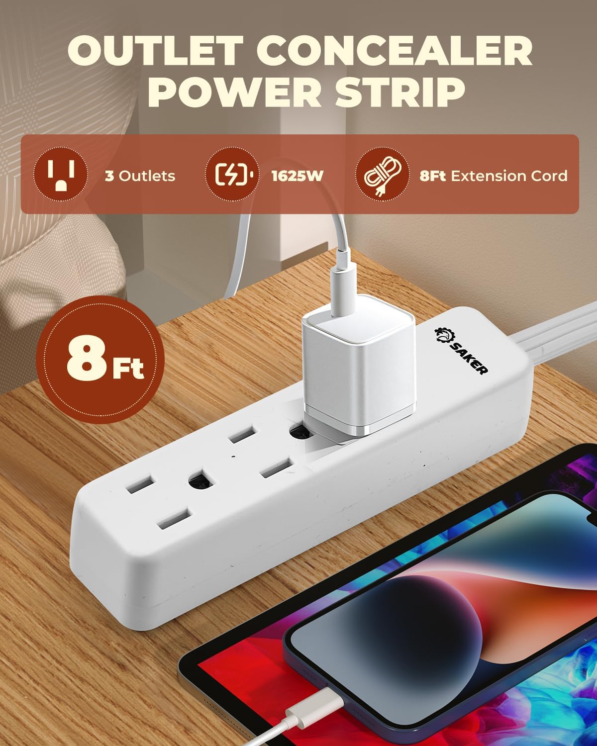 Saker Outlet Concealer Power Strip, 8ft Ultra-Thin Extension Cord with 3 Outlets,1625W, Low-Profile Flat Plug, Wall-Hugging Design for Home, Office, and TV Setup (8ft)