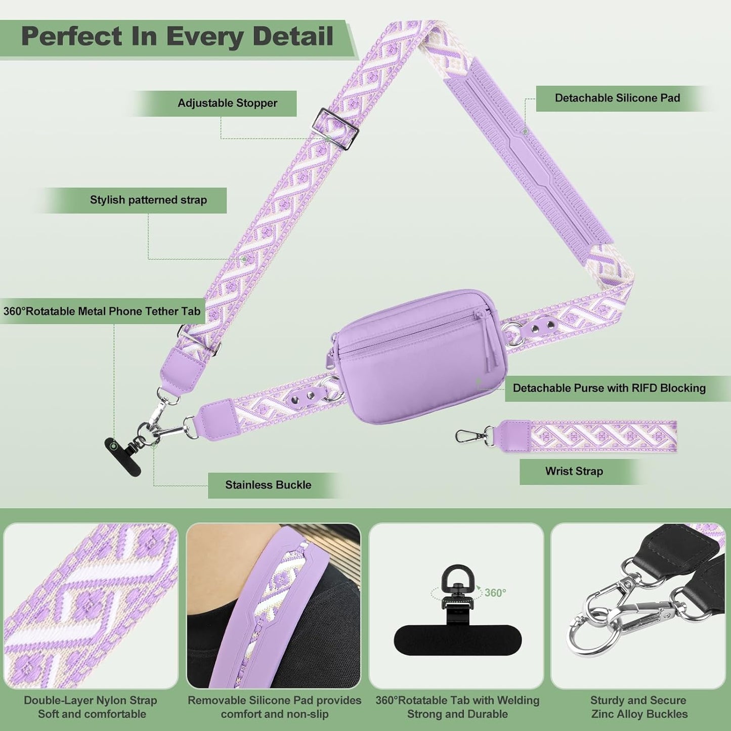 Clip and Go Strap for Phone with Wallet Crossbody, Adjustable Phone Lanyard with Detachable RFID Wristlet Wallet, Pattern Strap, Purple (M)
